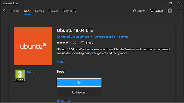 Ubuntu page in the Microsoft Store
