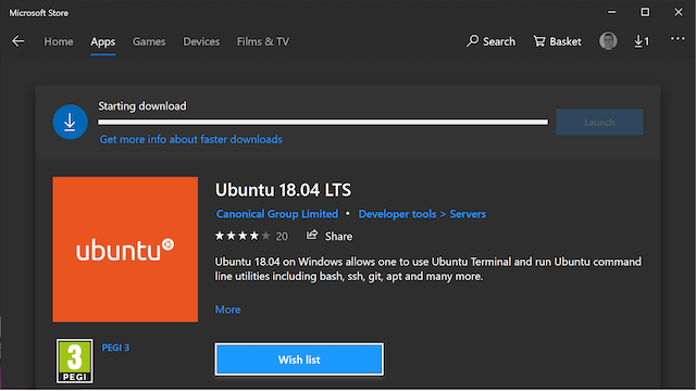 Downloading Ubuntu from the Microsoft Store