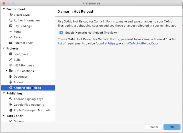 The Preferences dialog in Visual Studio for Mac, showing the Xamarin Hot Reload page